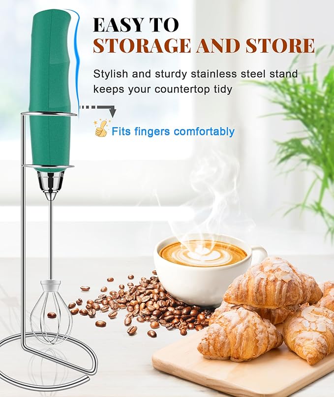 YUSWKO Milk Frother Handheld for Coffee with Stand, Rechargeable Drink Mixer with 3 Heads 3 Speeds Electric Coffee Frother Whisk, Gift for Many Occasions and Festival