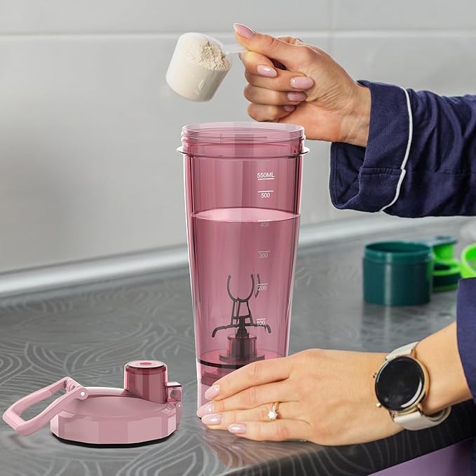 Electric Shaker Bottle, 20 oz Rechargeable Shaker Cup for Protein Mixes and Pre Workout, Portable Gym Protein Blender for Meal Replacement Shakes | Leak-Proof w/Handle | BPA Free (Pink)