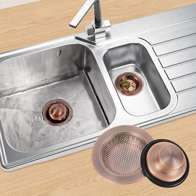 RQYEKDO Kitchen Sink Strainers Sink Stopper Kits, Stainless Steel Sink Drain Strainer Set, Large Wide Rim 4.4" Diameter Food Catcher Garbage Disposal Plug for Most Sink Drains Basket Filter (Copper)