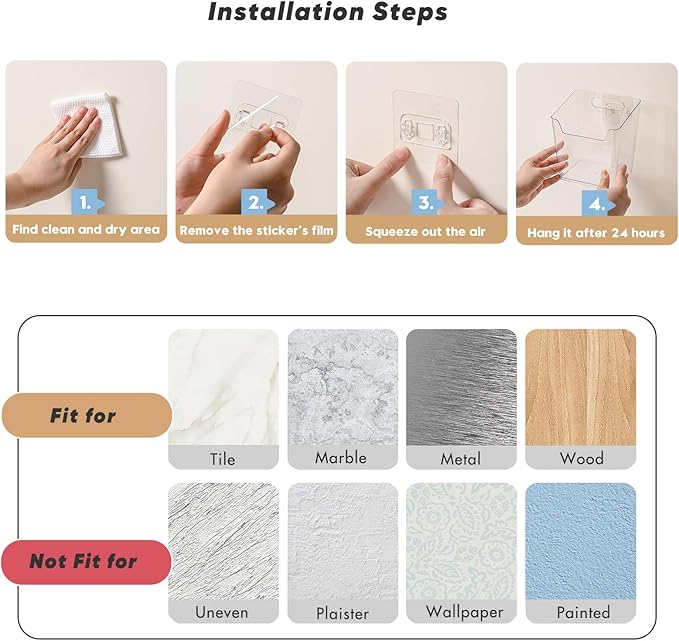 Clear Inside Cabinet Door Organizer, 6 Pack Plastic Wall Storage Bin Adhesive, Vertical Versatile Caddy Makeup Brush Pen Holder for Small Spaces in Bathroom, Office, Kid's Room Organization, No-Drill