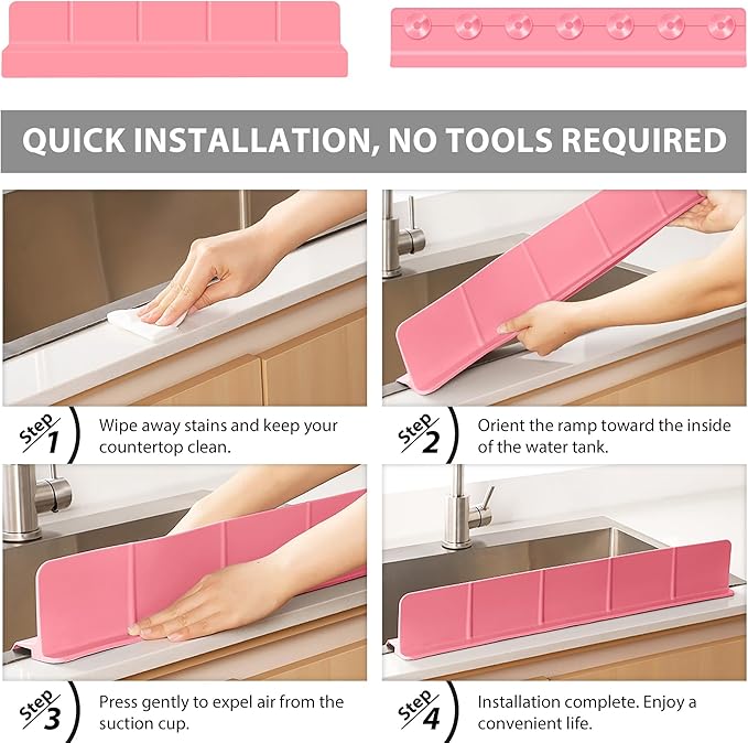 23Inch Sink Splash Guard – Extended Length & Tall Silicone Kitchen Sink Splash Guard with Overhang Drainage Design & Strong Suction Cups for Countertop (Rose Pink, 23''x3.5'')