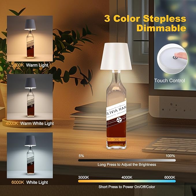 Wireless Bottle Lamp,2025 New 3 Color Rechargeable Wine Bottle Lights for Bars Restaurants (White, 1pc)