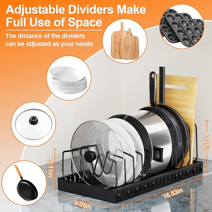 FLSEPAMB Pots and Pans Organizer Sliding Pot and Pan Organizer in Kitchen, 1 Pack Cabinet Pull Out Shelves, for Pots, Lids and Pan Organizer with Two Types of Shelves
