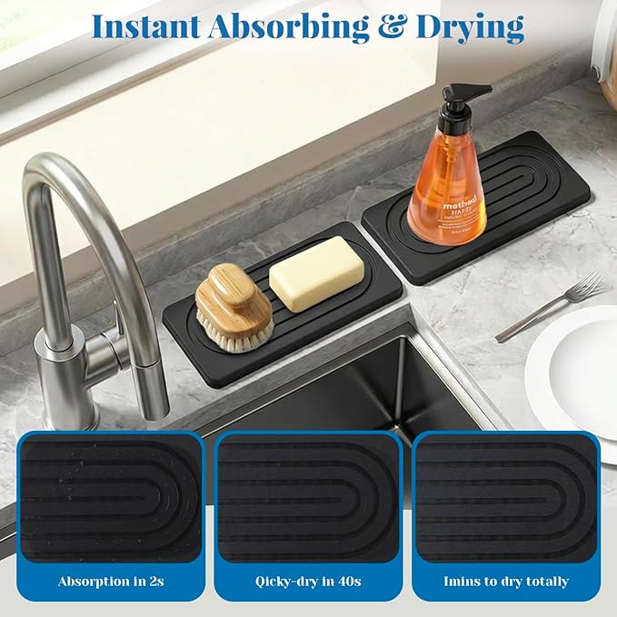 Stone Drying Tray, Water Absorbing Stone Tray, Natural Diatomaceous Earth Stone Sink Mat, Instant Dry Sink Coasters, Kitchen Sponge Hand Soap Holder, Quick Dry, Ease Cleaning