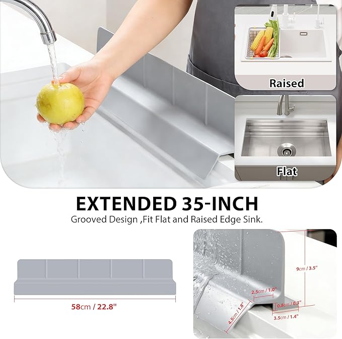 23Inch Sink Splash Guard – Extended Length & Tall Silicone Kitchen Sink Splash Guard with Overhang Drainage Design, High Splash Wall & Strong Suction Cups for Countertop (Grey, 23''x3.5'')