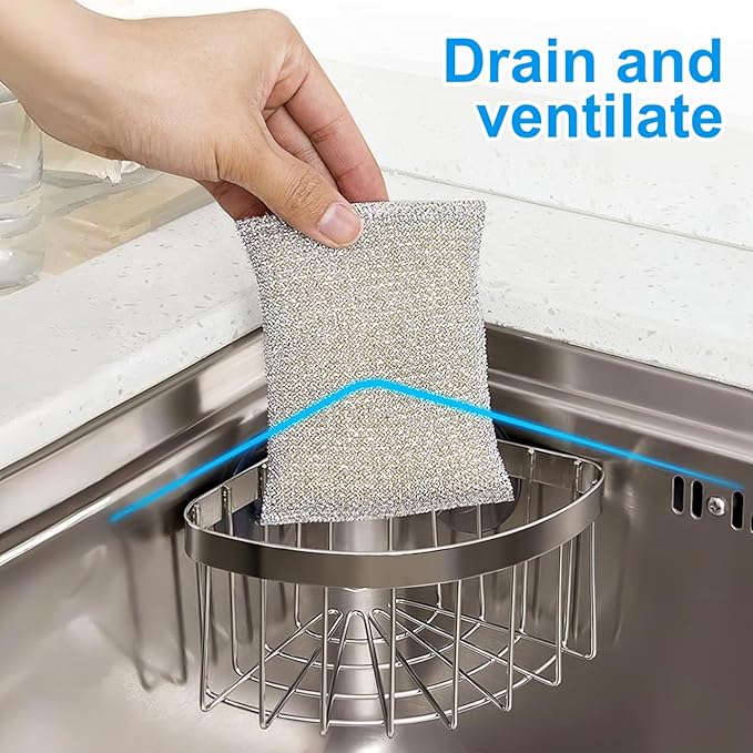 NUOBESTY Sponge Holder for Kitchen Sink, Corner Sink Caddy with Removable Suction Cup, 304 Stainless Steel Organizer Rack Holder for Soap, Brush Sponge, Bathroom, Kitchen Essentials and Gadgets