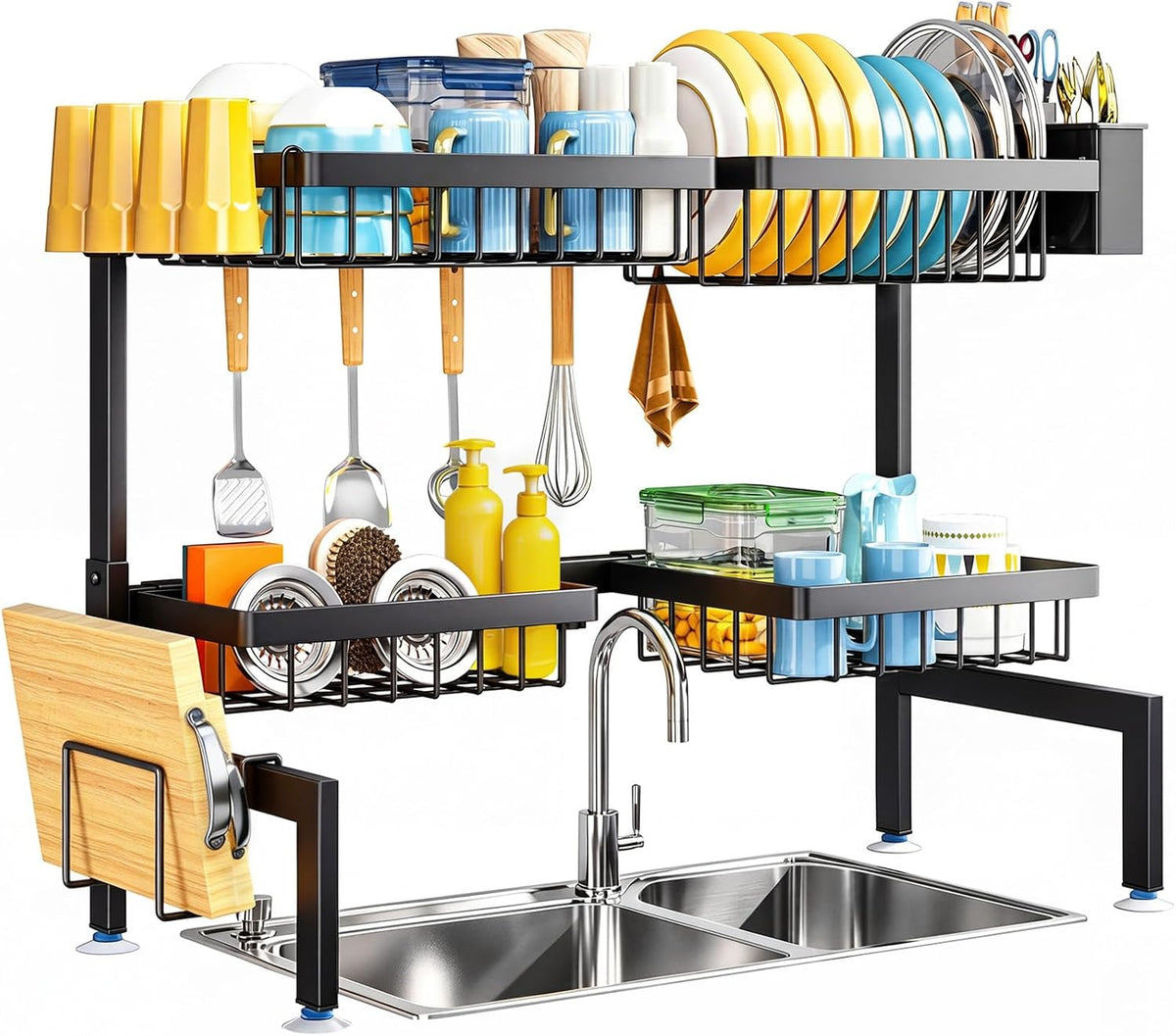 Large Over The Sink Dish Drying Rack 2 Tiers 4 Baskets