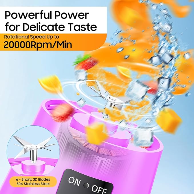 Portable Personal Size Mini Blender - 2026 Upgraded Cordless Blender for Smoothies & Shakes, Type-C Rechargeable, 380Ml Traveling BAP Free Cup for Sports/Home, 20000Rpm/Min Speed