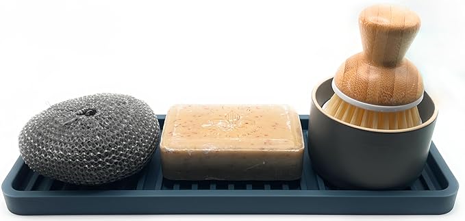 Silicone Sink and Surface Organizer Tray, Sponge Holder, Smoky Blue, 12"x4"