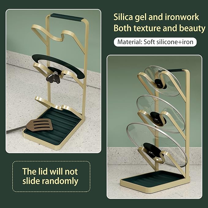 Lid Stand Lid Organizer Pot Lid Rack Holder for Utensils in Kitchen Cabinet Spatula Rack,Cutting Boards,Spoon Storage Gold