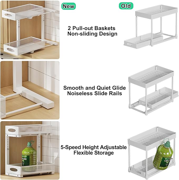 2 Pack Under Sink Pull Out Organizer, 5-Level Adjustable Height to Fit U/L Shape Plumbing Pipes, Carbon Steel 2-Tier Storage Rack for Kitchen Bathroom Cabinet, White