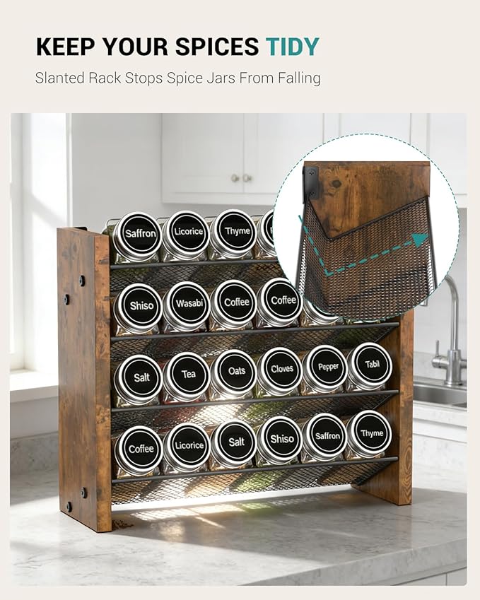 NESAPTO Spice Rack Organizer for Cabinet, Wood 4-Tier Vertical Seasoning Organizer, Wall Mount or Countertop Spice Shelf, Holds 24 Jars (No Jars Included), 12.2" W x 9.4" H