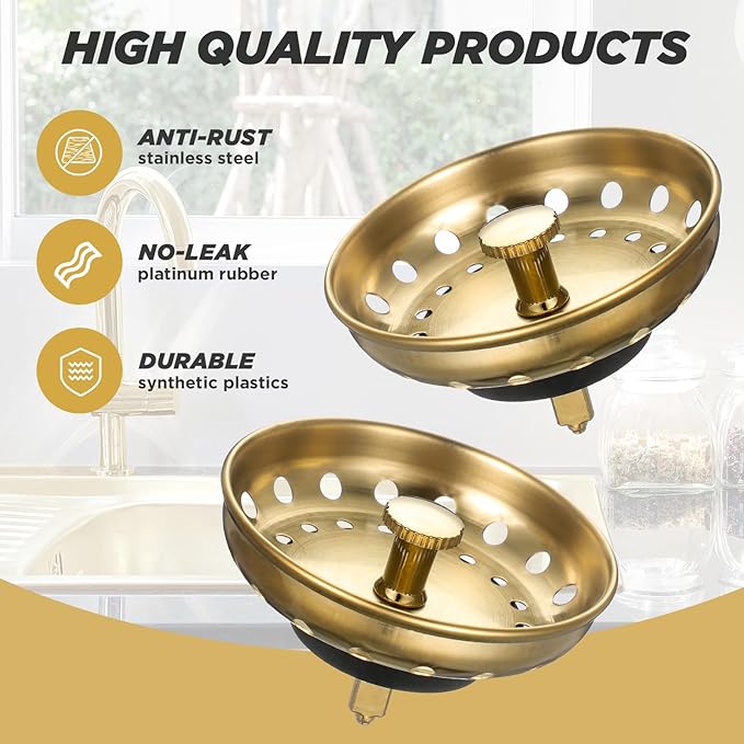 Retisee 2 Pcs Kitchen Sink Stopper Strainer Stainless Steel Drain Strainers for Universal 3-1/2 Inch Kitchen Sink Drain Replacement(Brushed Gold)