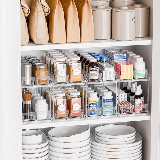 Yieach 2 Tier Sliding Spice Racks for Cabinets,4 Pack 10.4'' Deep Narrow Vertical Spice Rack Pull Out for Inside Cabinets,Kitchen,Pantry,Cupboard Seasoning,Jar Organizer and Medicine Cabinet Storage