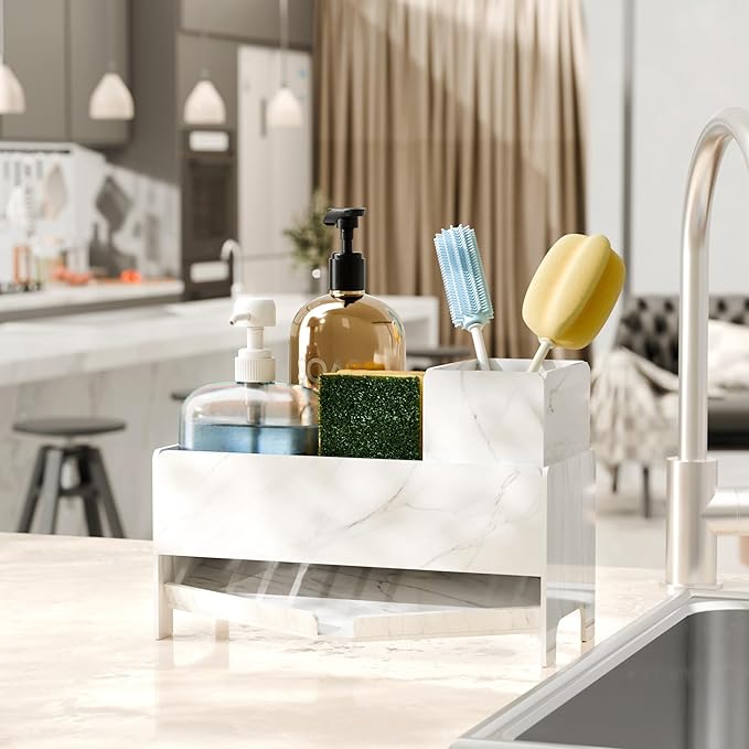 TIDIIABODE Sponge Holder for Kitchen Sink - White Marble Acrylic Sink Caddy with Brush Slot, Countertop Soap Organizer for Modern Kitchen, Self-Draining Storage Rack, 9.2" Large Capacity