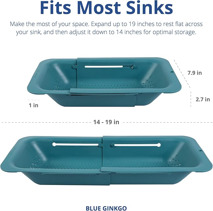 BLUE GINKGO Over the Sink Colander Strainer Basket - Wash Vegetables and Fruits, Drain Cooked Pasta and Dry Dishes - Extendable - New Home Kitchen Essentials (Green, 2 Pack)