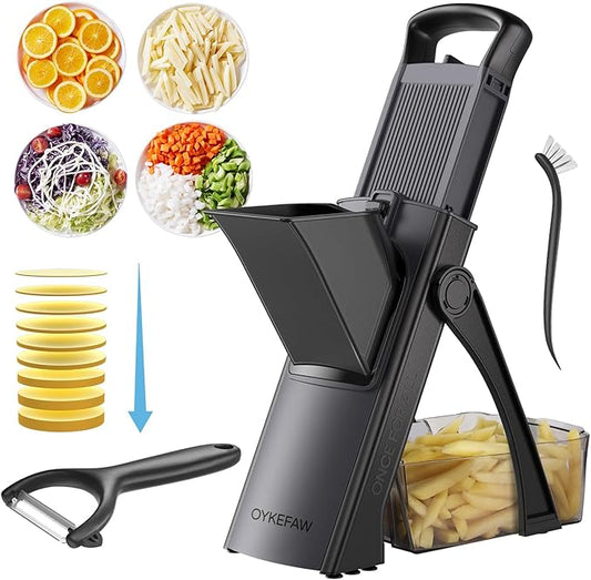 Safe Mandoline Slicer for Kitchen, 6 in 1 Vegetable Chopper, French Fry Cutter For Potatoes, Potato Slicer,Food Chopper,Adjustable Thickness 0.1-8 mm, With Peeler/Cleaning Brush (Gray)