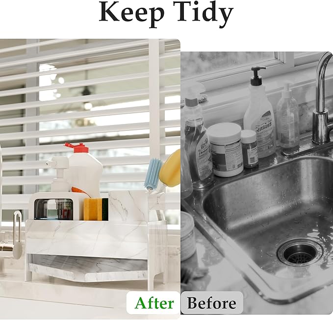 TIDIIABODE Sponge Holder for Kitchen Sink - White Marble Acrylic Sink Caddy with Brush Slot, Countertop Soap Organizer for Modern Kitchen, Self-Draining Storage Rack, 9.2" Large Capacity