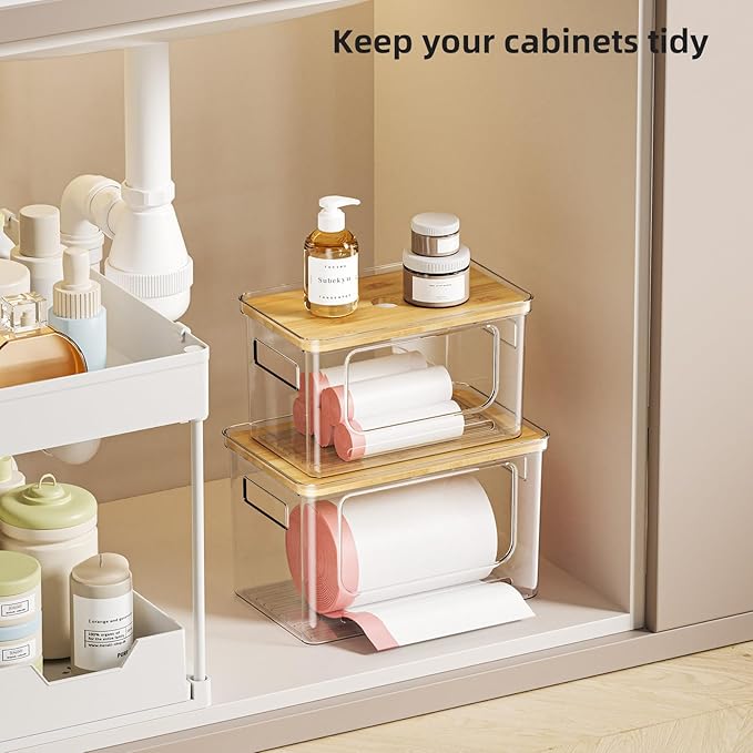 SUBEKYU Under Sink Organizer,Plastic Trash Bag Holder Dispenser,Stackable Pantry Laundry Room Home Organization,Potatoes Onions Storage Container for Kitchen,Set of 2 for 13/30/33 Gallon Bags
