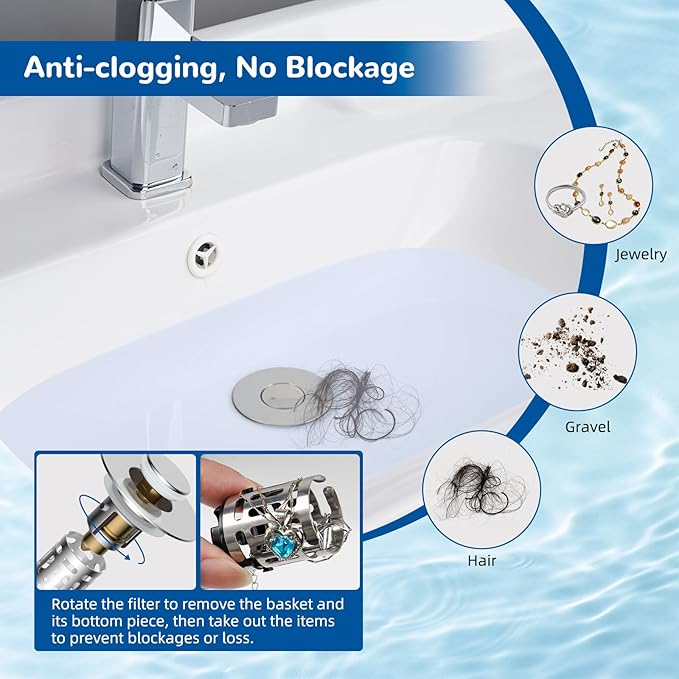 Hibbent 4 Pack Upgraded 3 in 1 Bathroom Sink Drain Strainer, Universal Pop Up Stopper with Removable Stainless Steel Filter Basket Hair Catcher, Sink Plug for 1.1''~2.36'' Basin, Brass Core, Chrome