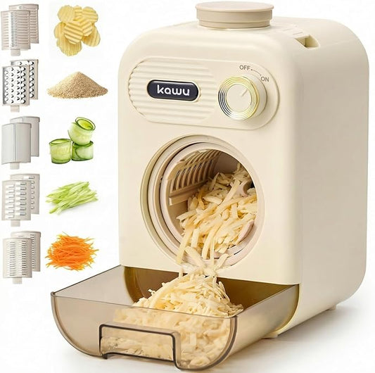 Kawu Electric Vegetable Slicer, 5-in-1 Automatic Cheese Grater Salad Shooter with One-Touch Control, Salad Maker Food Processor for Fruits, Block Cheese, Food Dicer Chopper Shredder for Home, Kitchen