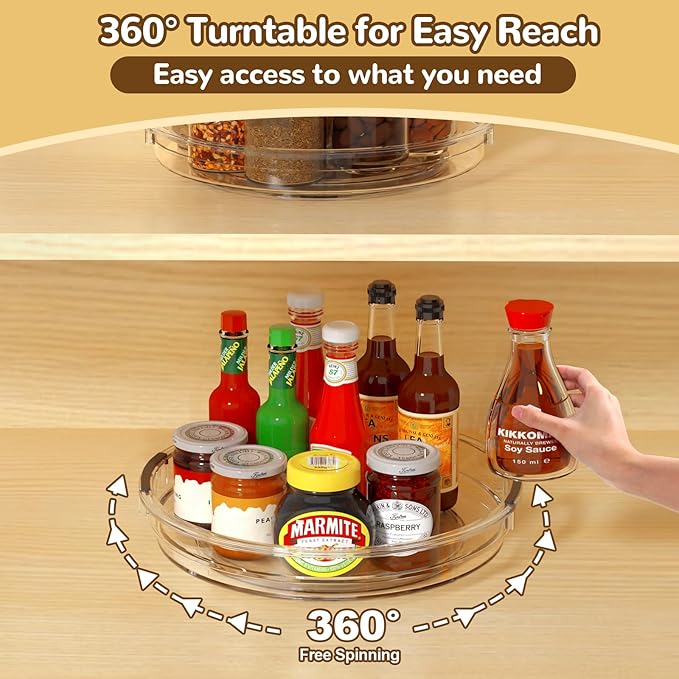 Clear Lazy Susan Organizer Turntable for Cabinet Table Top, 10.6 Inch 2 Pack 360 Rotating Spinning Makeup Organizer for Vanity, Kitchen Storage Rack Heavy-Duty Pantry Spices Tray Countertop Organizer