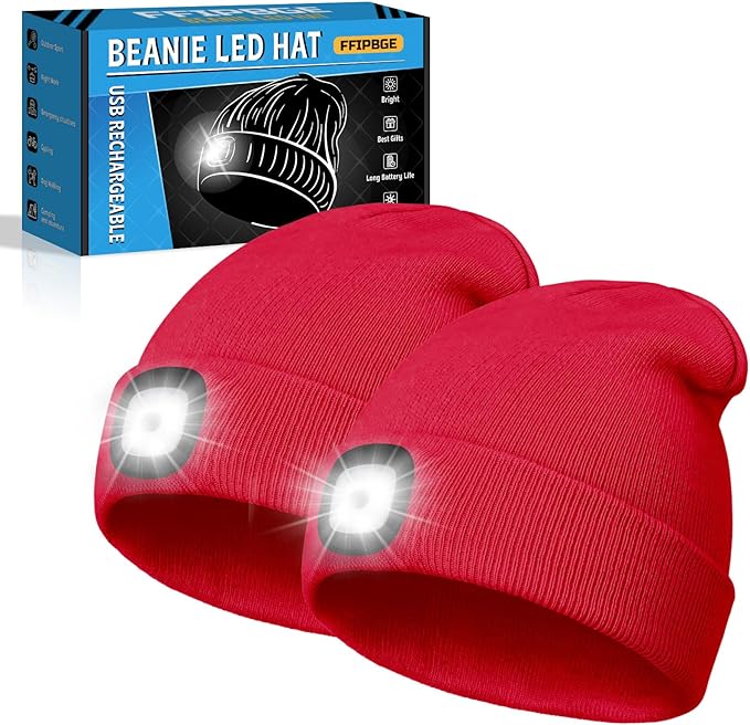 Beanie Hats with Light, USB Rechargeable LED Hand Free Headlamp, Ideal for Camping, Hiking, Fathers Day Dad Gifts, Birthday Gifts for Husband, Dad, Men, 2 Pack, Red