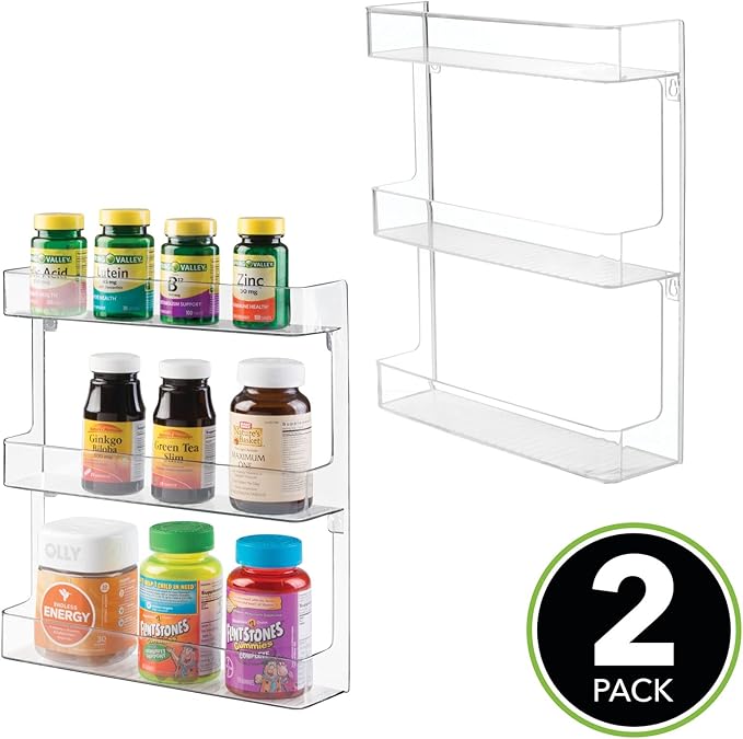 mDesign Plastic Wall Mount, 3 Tier Storage Organizer Shelf to Hold Vitamins, Supplements, Aspirin, Medicine Bottles, Essential Oils, Nail Polish - Large Capacity - Ligne Collection - 2 Pack, Clear