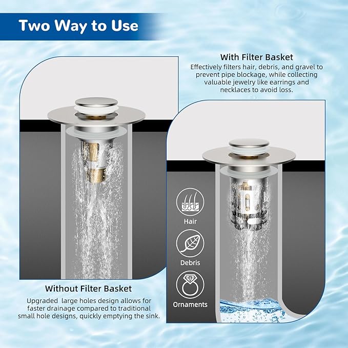 Hibbent 3 Pack 3 in 1 Bathroom Sink Drain Strainer, Universal Pop Up Stopper with Removable Stainless Steel Filter Basket Hair Catcher, Sink Plug for 1.1''~2.36'' Basin, Brass Core, Brushed Nickel