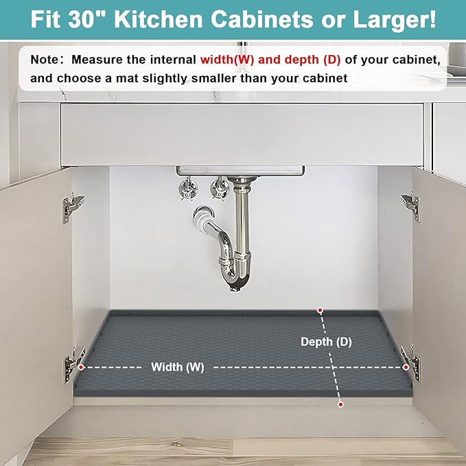 Under Sink Mat 28" x 22", Silicone Under Kitchen Sink Mat, Waterproof Under Sink Protector Mat, Shelf Liners Cabinet Liner for Kitchen and Bathroom, Gray