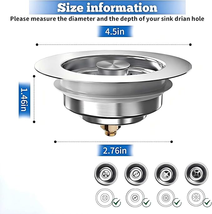 3-in-1 Kitchen Sink Drain Strainer Stopper, 304 Stainless Steel Pop Up Drain Plug, Anti-Clog Odor Prevention Sink Basket, Tool-Free Easy Install, Fits US Standard 3-1/2" Drain Hole, 1 Pack
