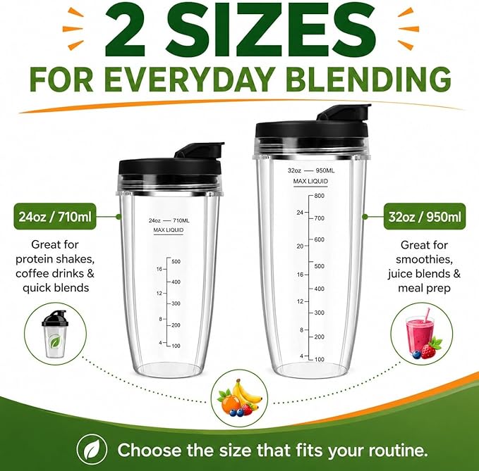 Blender Cups Replacement for Ninja, 24oz & 32oz Ninja Blender Cups with To-Go Lids Compatible with Ninja BN401, BL456, BL480, BL2012, BL2013, BL4501, BN751, BN801, SS101, SS151 (2 Pack)