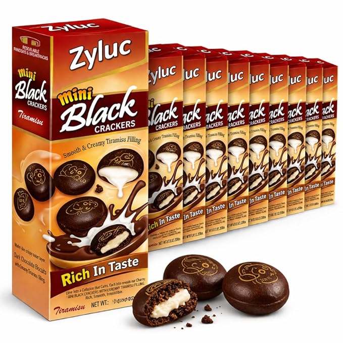 Zyluc Mini Black Crackers – Tiramisu Flavored Snack with Coffee Cocoa Blend – 35g Portable Pack – Light Crunch, Halal Certified, Made with Non-GMO Ingredients – Product of Indonesia – Pack of 10