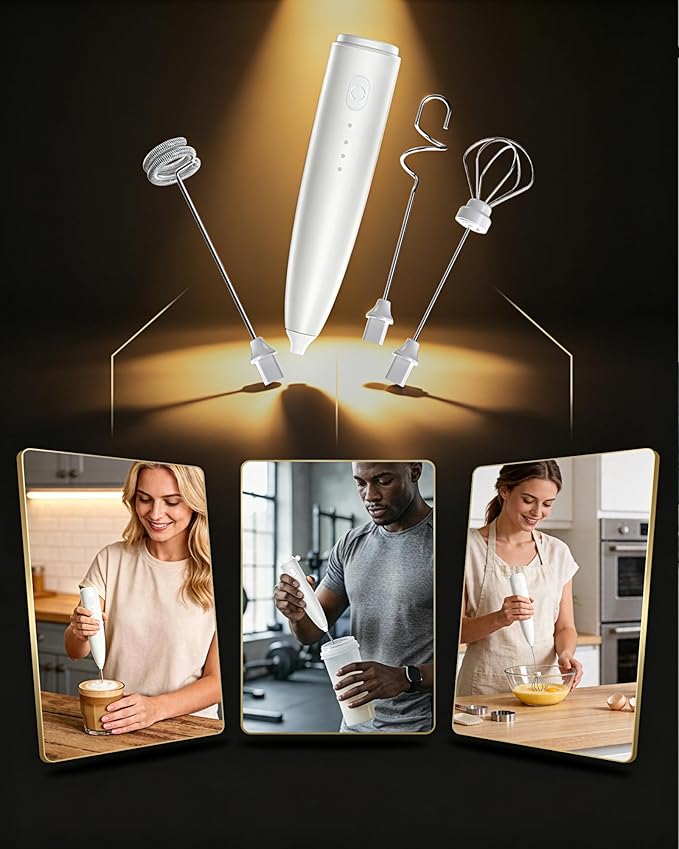 Portable Milk Frother Handheld,Electric Drink Mixer & Wand, 3 Detachable Stainless Steel Whisks, 3 Adjustable Speeds Quiet, USB C Rechargeable for Coffee, Latte, Matcha, Home & Kitchen (White)