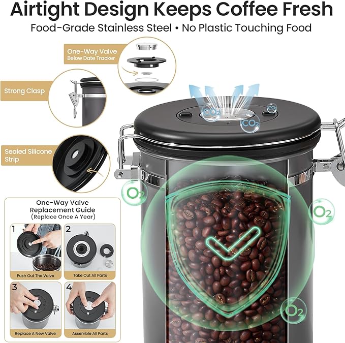 Veken Coffee Canister, Airtight Stainless Steel Kitchen Food Storage Container with Date Tracker and Scoop for Grounds Coffee, Beans, Tea, Flour, Cereal, Sugar, 22OZ, Gray
