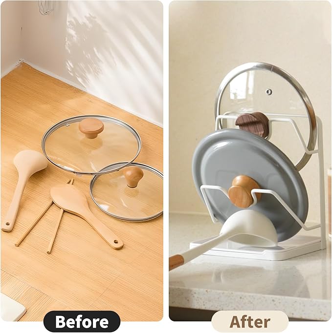 PAVSTINE Pot Lid Holder, 2 Tier Pan Lid Holders While Cooking, Lid and Spoon Rest for Kitchen Counter, Pot Lid Organizer Stand with Drip Tray, Pot Lid Rack Kitchen Utensil Holder Rest, White