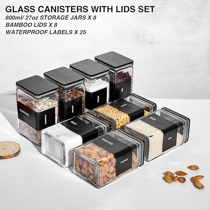 Glass Storage Jars with Bamboo Lids, 27oz Square Food Storage Containers for Kitchen Pantry Organization