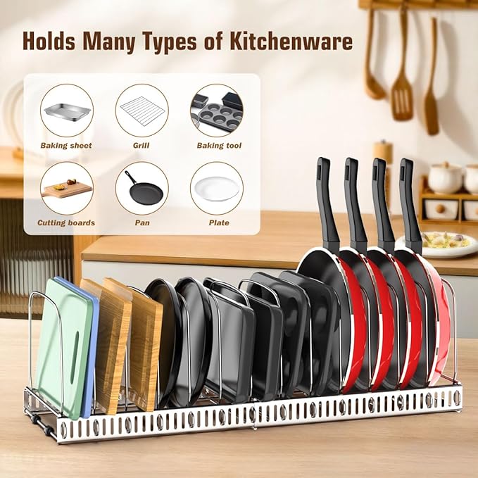 Housolution Cutting Board Organizer Rack, Expandable Baking Tray and Cookie Sheet Organizer with 14 Adjustable Dividers, Bakeware Muffin Tin Cupcake Pan Storage Organizer for Cabinet, Silver