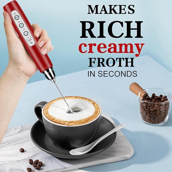 Milk Frother Handheld with Stand, Electric Whisk 3 Speed Adjustable, Drink Mixer with Stainless 3 Whisk, Rechargeable Hand Frother Wand, Foam Maker for Latte Cappuccino Hot Chocolate Egg Red