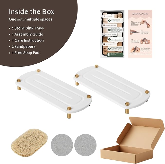2PCS Water Absorbing Stone Soap Tray for Kitchen Bathroom Sink, Quick Dry Diatomaceous Earth Drying Rack and Shower Caddy, Soap Dispenser and Sponge Holder Organizer for Countertop, TWINKLE MOMENT; Pure White