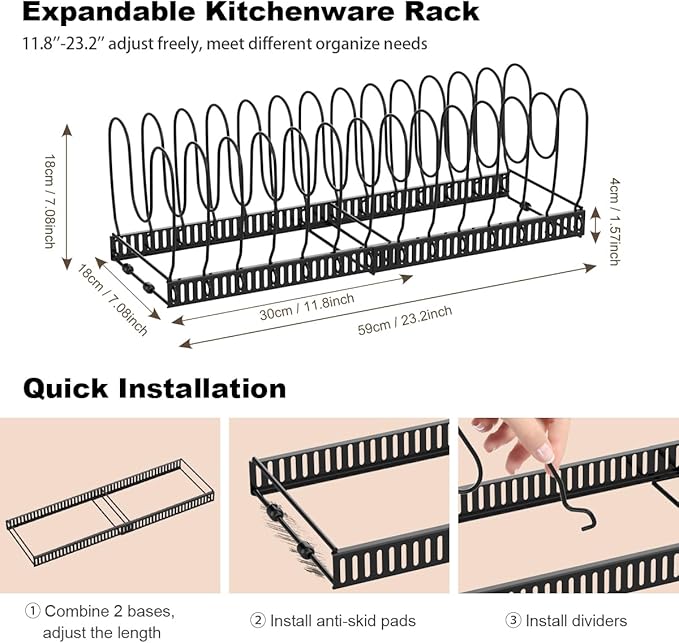 Housolution 2 Pack Pot and Pan Organizer, 12"-23" Expandable Pot Lid Organizer with 14 Adjustable Dividers, Pan Lid Holder Storage Rack for Cabinet, Black