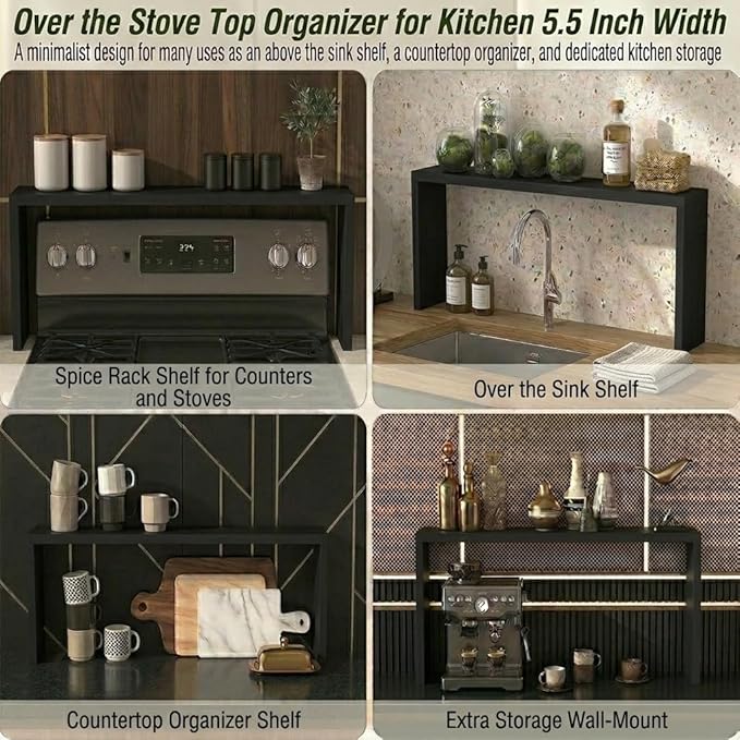 RELODECOR Over the Stove Shelf Spice Rack – Wood Top Shelf Organizer for Back of Stove, Oven, Kitchen Storage, 5.5" Wide (Ebony)