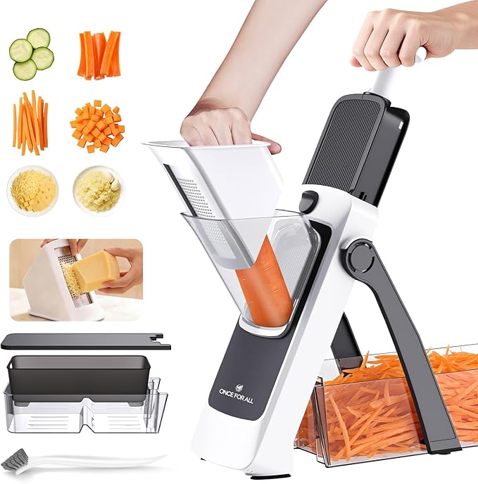 ONCE FOR ALL Safe Mandoline Slicer Pro, Gen 4th, Adjustable Thickness Vegetable Slicer For Kitchen, Food Chopper With Container, Lid, Drain Basket, Veggie Cutter For Potato Onion Fruit