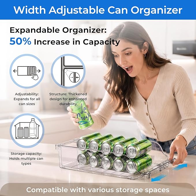 2 Packs Refrigerator Organizers and Storage Width Adjustable Can Organizer for Refrigerator Expandable Soda Can Dispenser for Beer Soda Pop Can Soda Organizer for Fridge Kitchen Pantry Clear