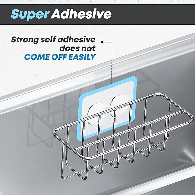 KESOL Adhesive Kitchen Sink Sponge Holder + Dish Cloth Hanger + Soap Holder, 2-in-1 Kitchen Sink Caddy, 304 Stainless Steel Rust Proof, Water Proof, No Drilling (Silver)