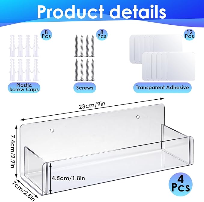 4 Pack Acrylic Spice Rack Wall Mount-9 Inch, Clear Spice Shelf Storage Holder, Hanging Seasoning Rack Organizer for Cabinet Door, Cupboard or Wall Kitchen (Adhesive or Screw)