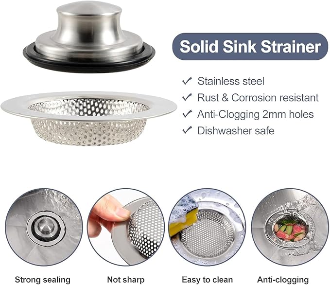 RQYEKDO Polished Kitchen Sink Strainers Sink Stopper Kits, Stainless Steel Sink Drain Strainer Set,Large Wide Rim 4.4" Diameter Food Catcher Garbage Disposal Plug for Most Sink Drains Basket Filter