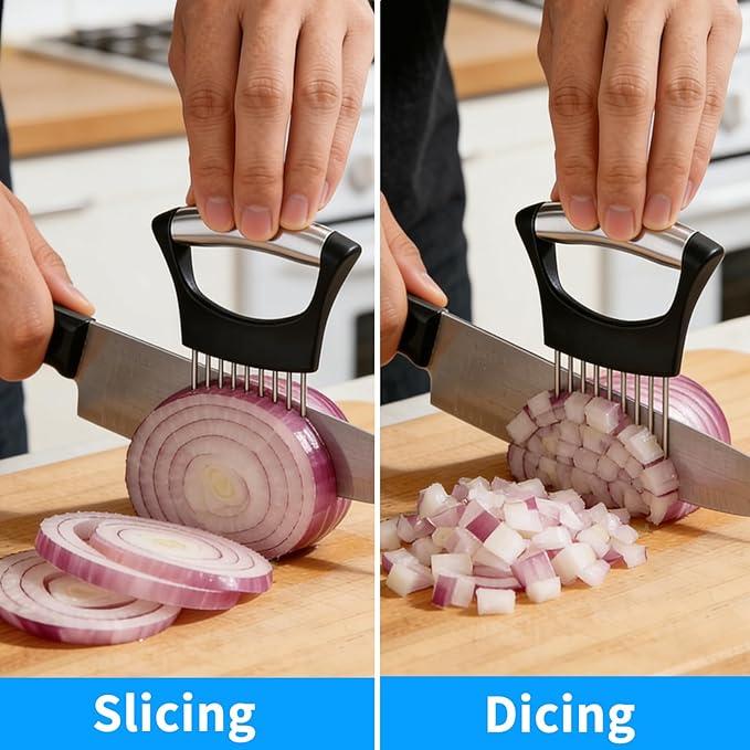 Onion Slicer Holder, with Protective Case, Stainless Steel Onion Cutter Tool for Kitchen, Meat, Lemon, Potato, Tomato, Avocado & Egg, Vegetable & Fruit Slicing Assistant