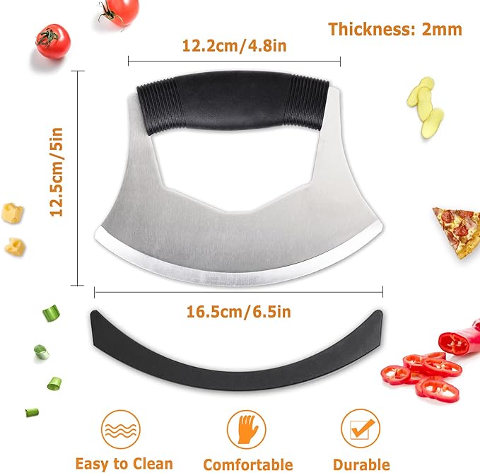 Salad Chopper Mezzaluna Knife with Protective Cover and Anti-Slip Handle - Stainless Steel Vegetable Cutter, Onion Chopper, Pizza Cutter