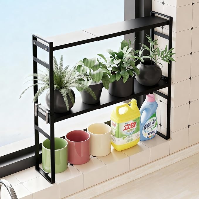 2 Tier Expandable Stackable Narrow Shelf Organizer, Tall Countertop Organizer for Tight Spaces, Windowsill Plant Stand, Over-Sink/Faucet Shelf, Kitchen Storage, Bathroom Vanity, Laundry Room (Black)